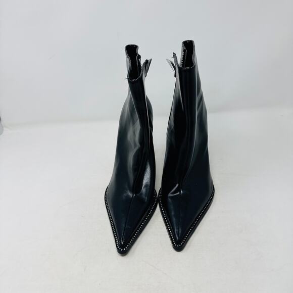 Zara Black Pointed Toe Ankle Boots 39 High Heel Zip Up Stud Trim Sleek Edgy - Picture 4 of 11